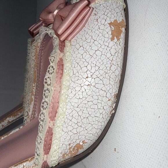 Y2K Delicious White Pink Lace Bows Ribbon Trim Stripper Peep Toe Pumps Size 9 - Picture 6 of 15